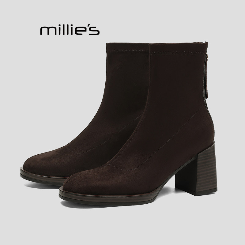 MILLIE'S/妙丽加绒弹力靴女2026新款冬保暖短靴高跟瘦瘦靴袜靴HZ