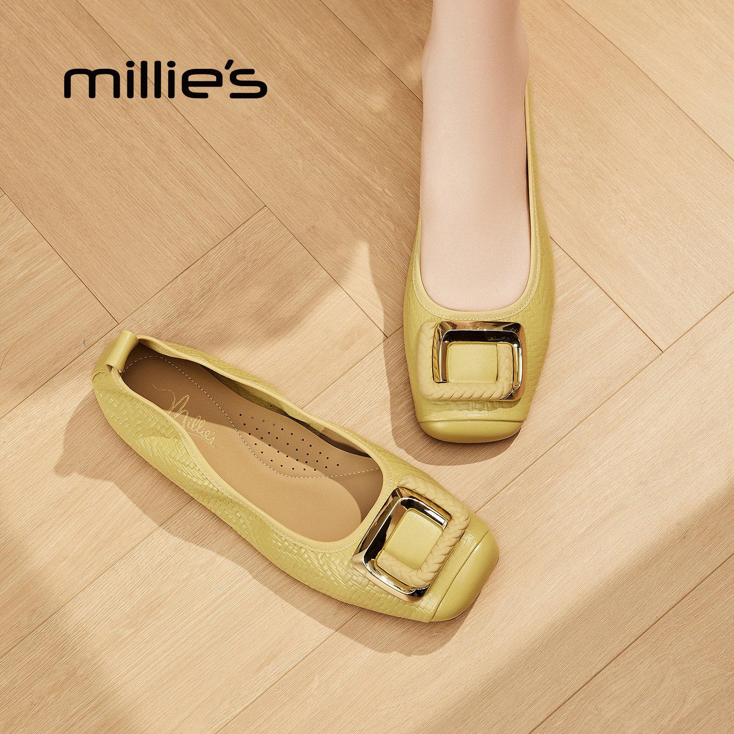 妙丽官方旗舰店时尚韩版蛋卷鞋羊皮方扣软底软面小方头真皮单鞋女