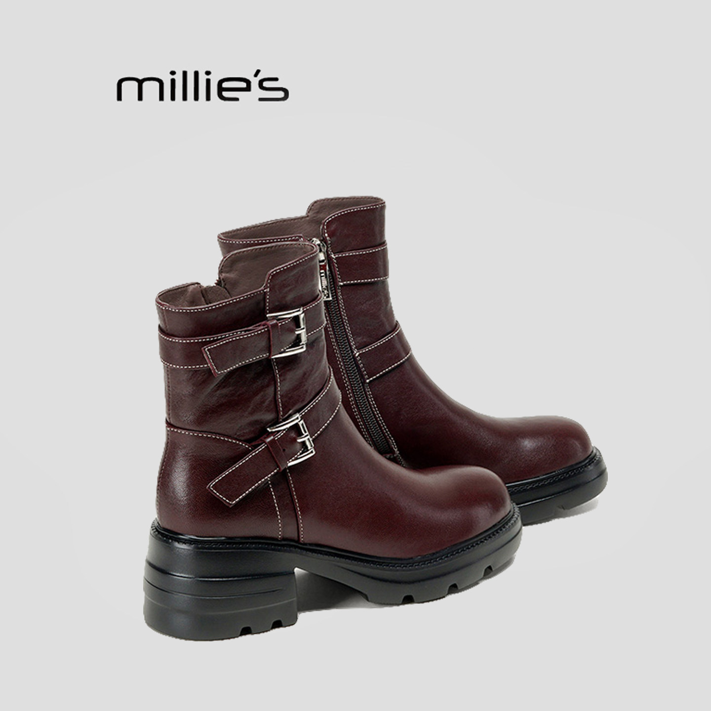 MILLIE'S/妙丽2026新款秋冬复古粗跟短靴女真皮圆头马丁靴女靴HQ