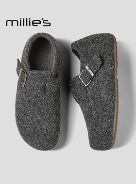MILLIE'S/妙丽全包灰色勃肯鞋女鞋子冬新款爆款一脚蹬懒人鞋加绒Z