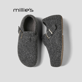 女鞋 妙丽全包灰色勃肯鞋 子冬新款 爆款 加绒Z MILLIE 一脚蹬懒人鞋