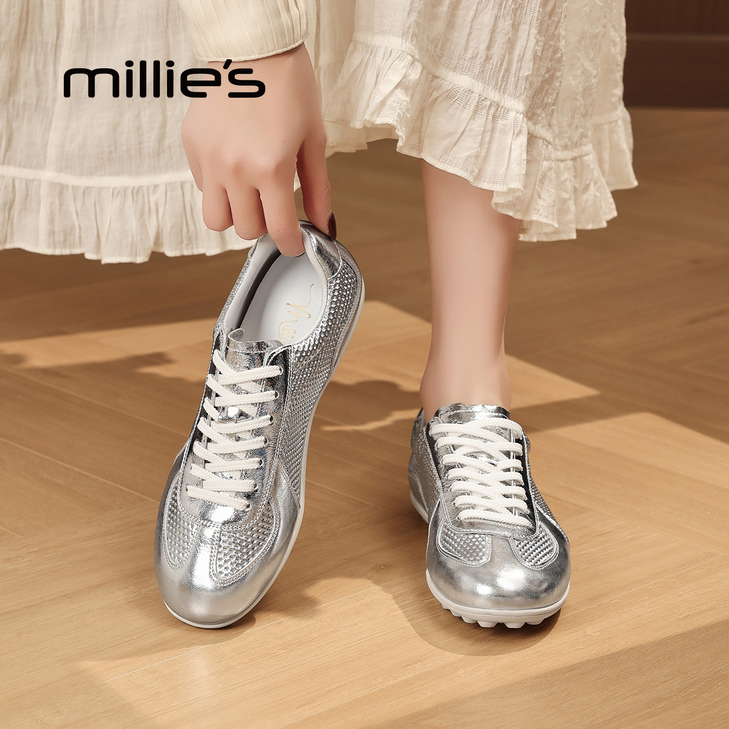 MILLIE'S/妙丽银色芭蕾风平底单鞋女真皮系带百搭时尚休闲鞋Q