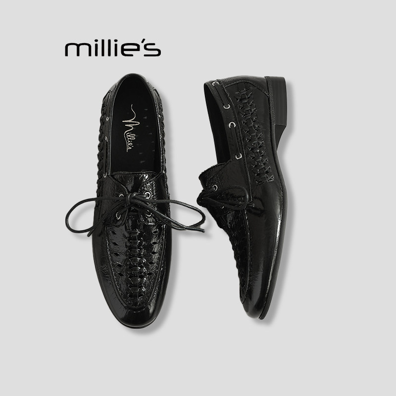 MILLIE'S/妙丽气质小单鞋女春季新款镂空粗跟英伦风黑色小皮鞋P