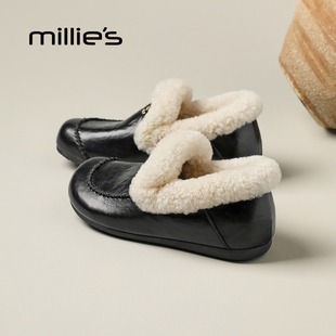 黑色毛绒领边单鞋 妙丽加绒毛毛鞋 保暖舒适懒人鞋 女冬季 MILLIE