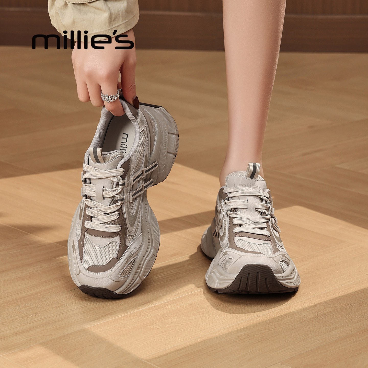 妙丽银色春季百搭老爹鞋女巨好看