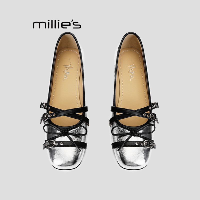MILLIE'S/妙丽法式小香风交叉带玛丽珍鞋女银黑色铆钉芭蕾舞单鞋Q,女鞋,玛丽珍鞋,淘宝优惠券,粉丝福利购,淘宝优惠卷
