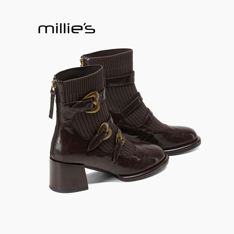MILLIE'S/妙丽弹力靴皮带扣时尚粗跟后拉链方头靴子高跟马丁靴女P