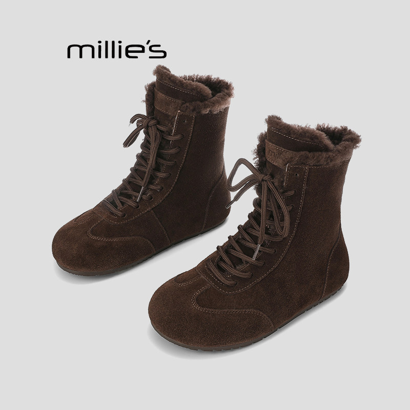 MILLIE'S/妙丽加绒雪地靴女2025新款真皮勃肯短靴系带保暖棉靴Z,女鞋,时尚雪地靴,淘宝优惠券,粉丝福利购,淘宝优惠卷