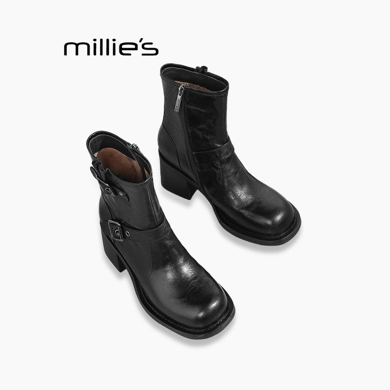 MILLIE'S/妙丽英伦风短靴秋冬新款皮带扣女靴复古圆头粗跟马丁靴Q,女鞋,马丁靴,淘宝优惠券,粉丝福利购,淘宝优惠卷