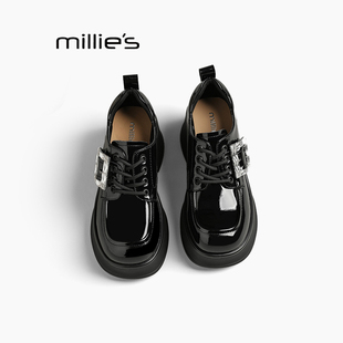 水钻方扣厚底增高舒适牛漆皮乐福鞋 MILLIE 秋季 妙丽2025年新款