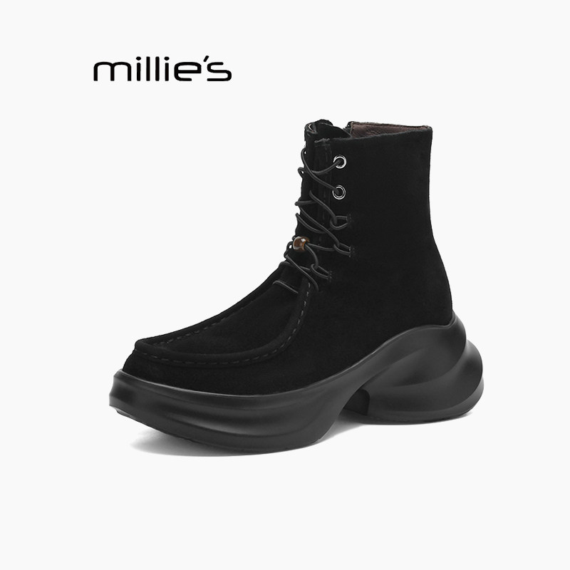 MILLIE'S/妙丽女款磨砂皮做旧机车靴短靴增高显瘦时尚P