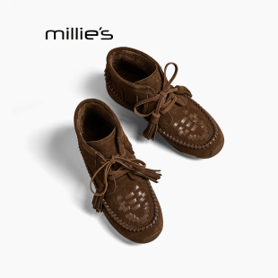 纯皮女鞋 妙丽2025秋季 平底高帮单款 休闲鞋 MILLIE 磨砂皮女单鞋