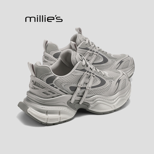 MILLIE'S/妙丽厚底老爹鞋女款春季显高银色加绒百搭休闲运动鞋子Q