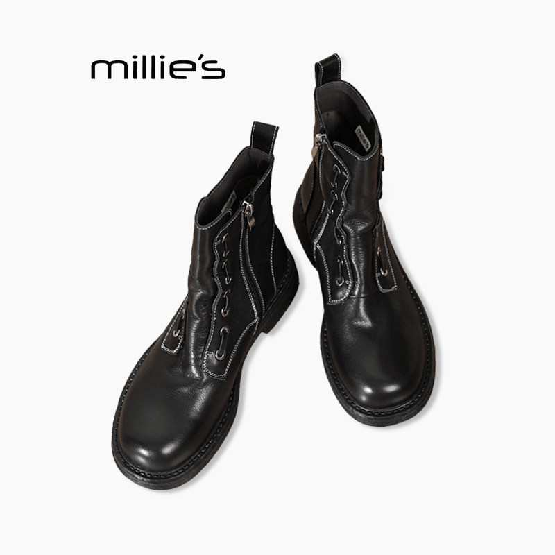 MILLIE'S/妙丽真皮褶皱马丁靴女加绒英伦风厚底侧拉链机车靴短靴Z,女鞋,时装靴,淘宝优惠券,粉丝福利购,淘宝优惠卷