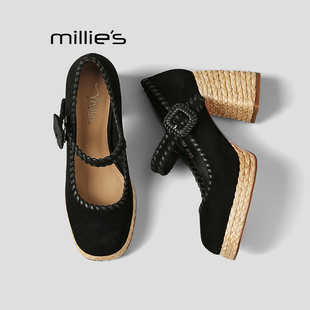 MILLIE'S/妙丽小个子粗跟单鞋女时尚方头女人味真皮高跟单鞋潮款Q