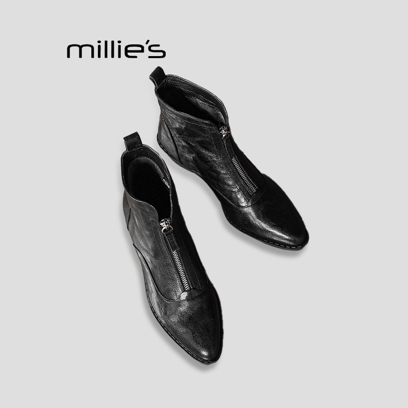 MILLIE'S/妙丽靴子冬款加绒方头牛皮高跟小个子复古厚底粗跟短靴Q,女鞋,时装靴,淘宝优惠券,粉丝福利购,淘宝优惠卷