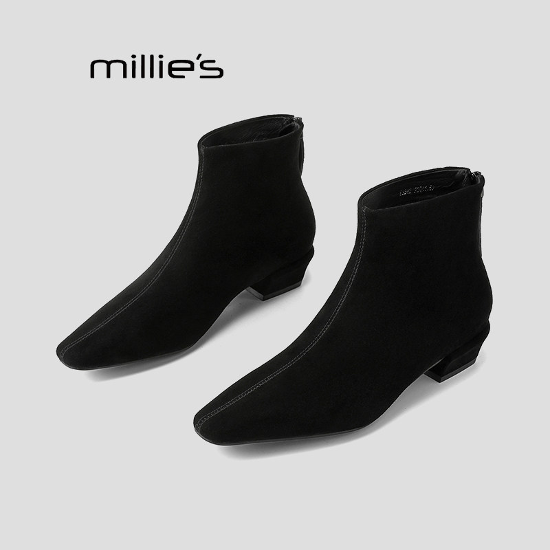 妙丽法式粗跟方头短靴巨好看