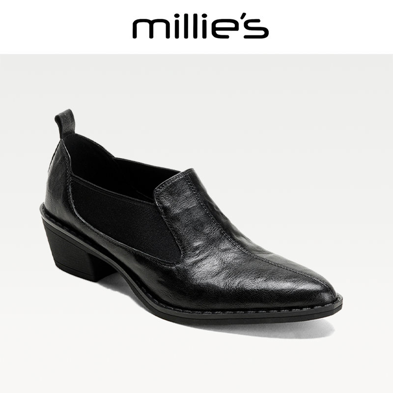 MILLIE'S/妙丽2026新款英伦风超软羊皮高跟马丁靴女后拉链粗跟C