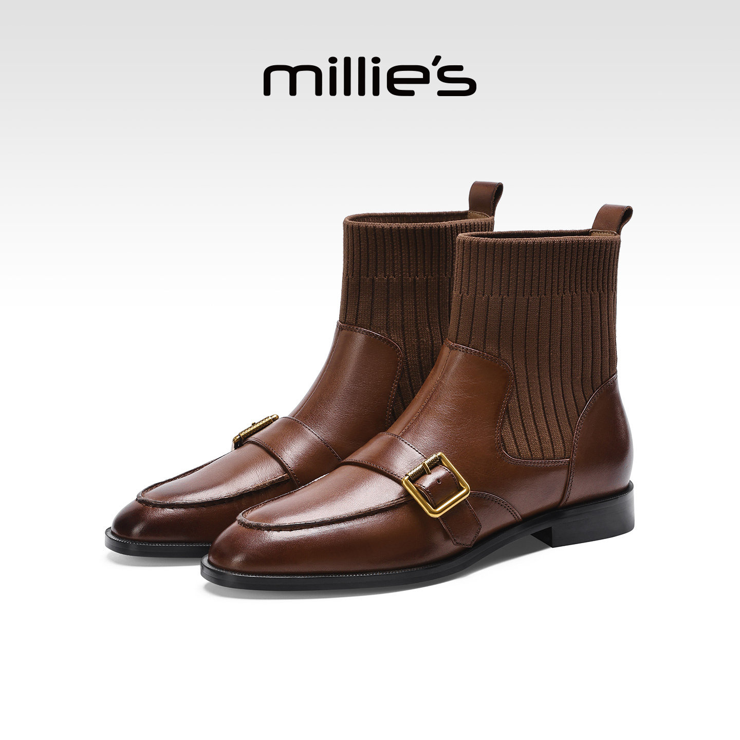 MILLIE'S/妙丽英伦风皮带扣切尔西短靴女棕色针织拼接百搭骑士靴Q,女鞋,切尔西靴,淘宝优惠券,粉丝福利购,淘宝优惠卷