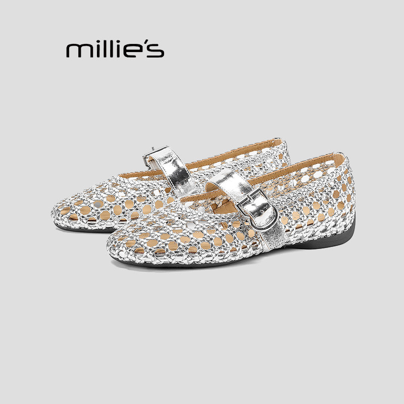 MILLIE'S/妙丽银色编织镂空浅口单鞋女平底一字扣带时尚舒适凉鞋P