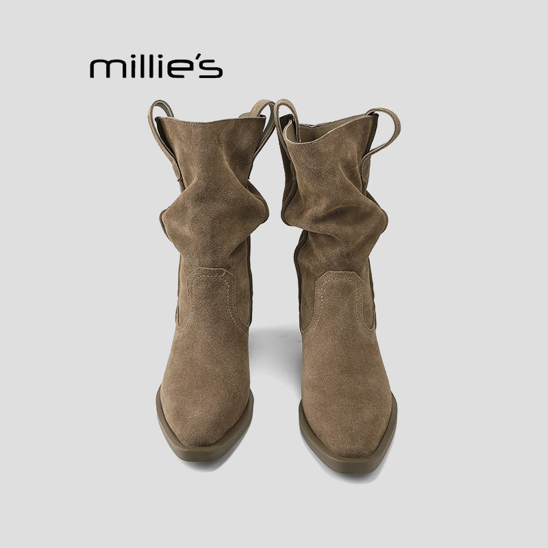 MILLIE'S/妙丽复古风麂皮堆堆靴女中筒马丁靴咖色西部短靴子Q