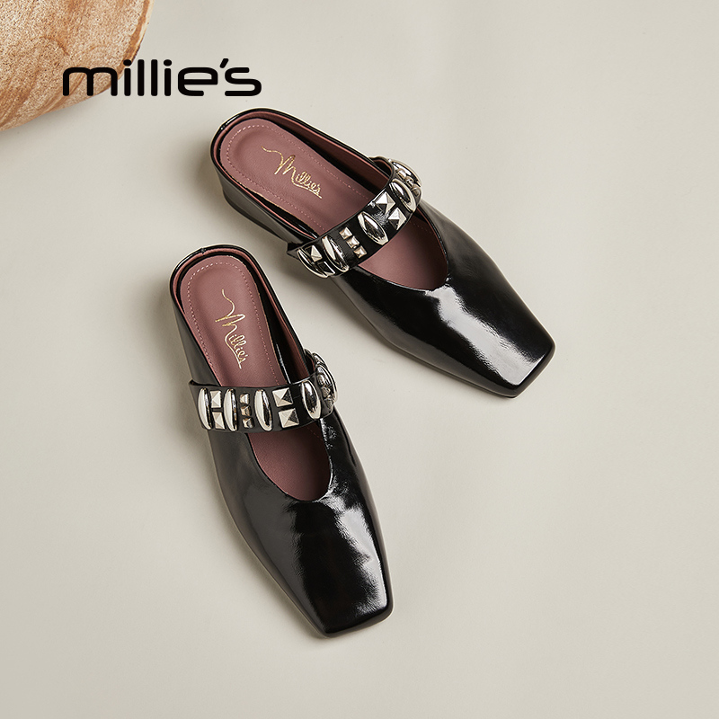 MILLIE'S/妙丽真皮包头半拖鞋