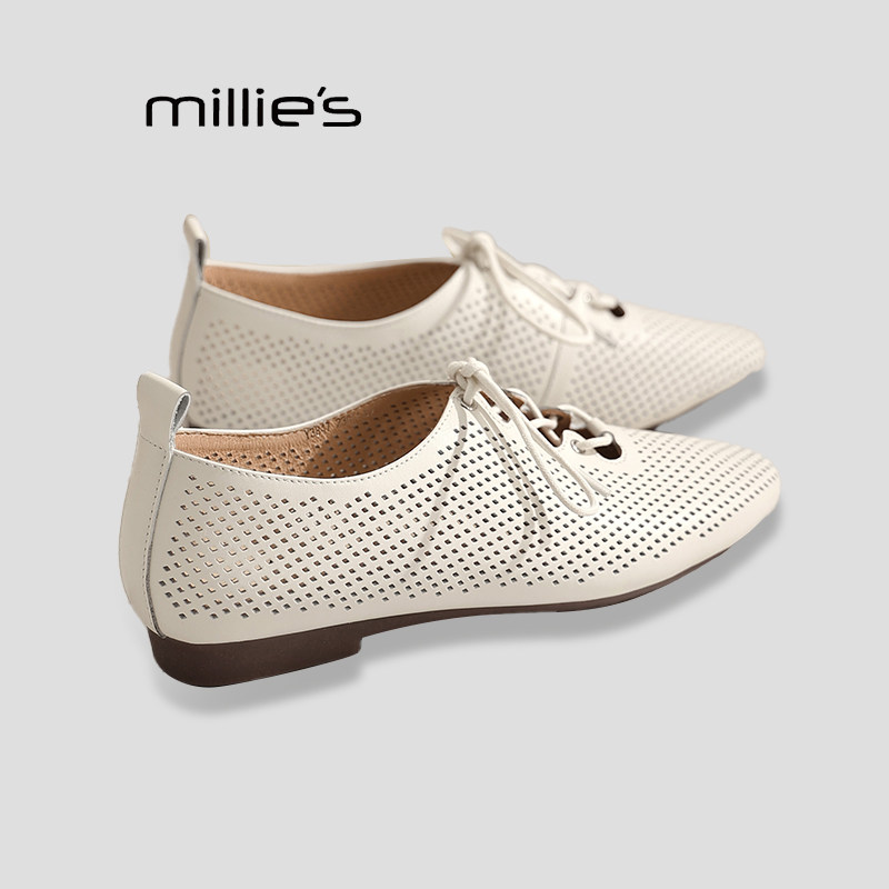 MILLIE'S/妙丽春夏新款黑色时尚休闲女鞋真皮复古风圆头浅口单鞋Q