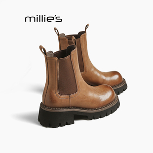 MILLIE'S/妙丽2026新款秋冬真皮靴子女英伦风马丁靴流行爆款短靴Q