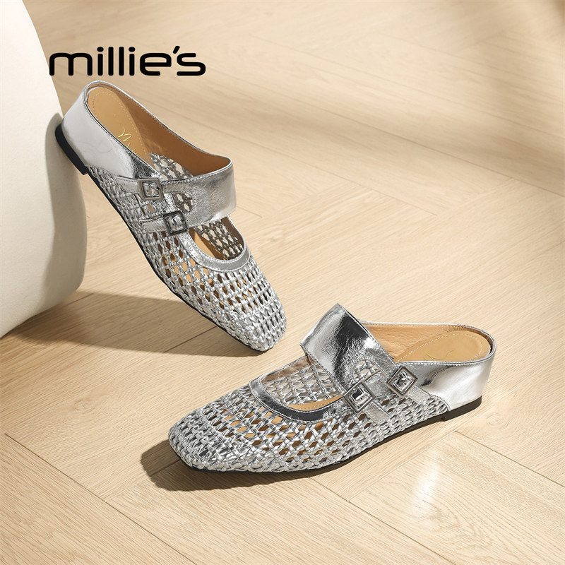 MILLIE'S/妙丽真皮包头半拖鞋女