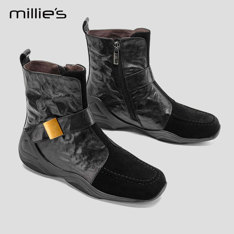 MILLIE'S/妙丽平底真皮短靴女秋冬新款侧拉链百搭运动休闲瘦瘦靴Q