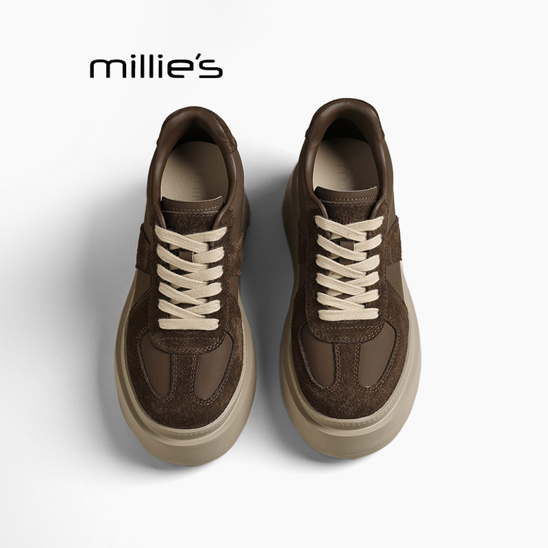 MILLIE'S/妙丽真皮德训鞋女2026年秋季内增高厚底休闲鞋米咖色Z