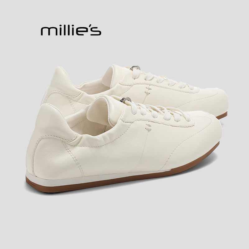 MILLIE'S/妙丽银色休闲鞋方头平底鞋女春季新款真皮深口单鞋子Q