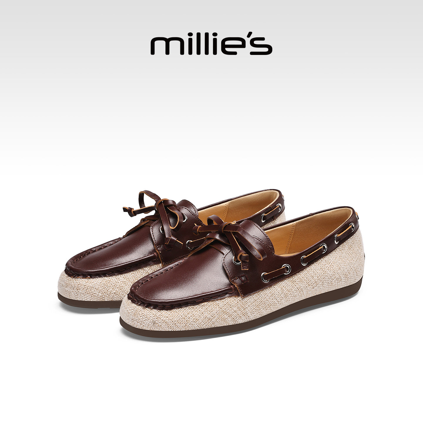 MILLIE'S/妙丽复古风真皮系带乐福鞋女2026春季棕色休闲百搭单鞋Q,女鞋,时尚芭蕾鞋,淘宝优惠券,粉丝福利购,淘宝优惠卷