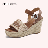 妙丽官方旗舰店小个子度假风草编坡跟一字带凉鞋 女配裙子高跟鞋 夏