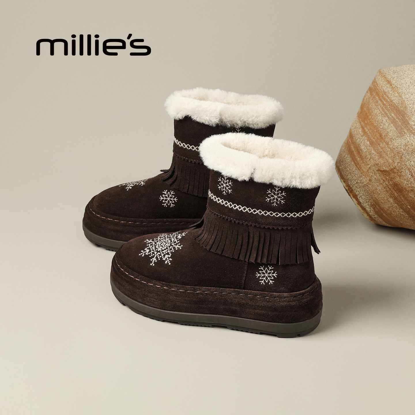 MILLIE'S/妙丽翻边雪地靴女冬季羊毛刺绣流苏短靴加厚保暖棉鞋Q,女鞋,切尔西靴,淘宝优惠券,粉丝福利购,淘宝优惠卷