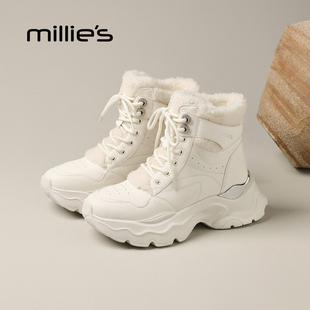 MILLIE'S/妙丽厚底雪地靴女冬季加绒高帮运动短靴白色系带棉靴Q
