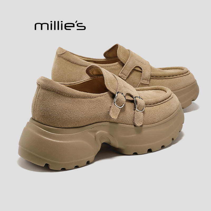 MILLIE'S/妙丽时尚松糕底真皮单鞋女乐福鞋复古风绒面厚底休闲鞋P