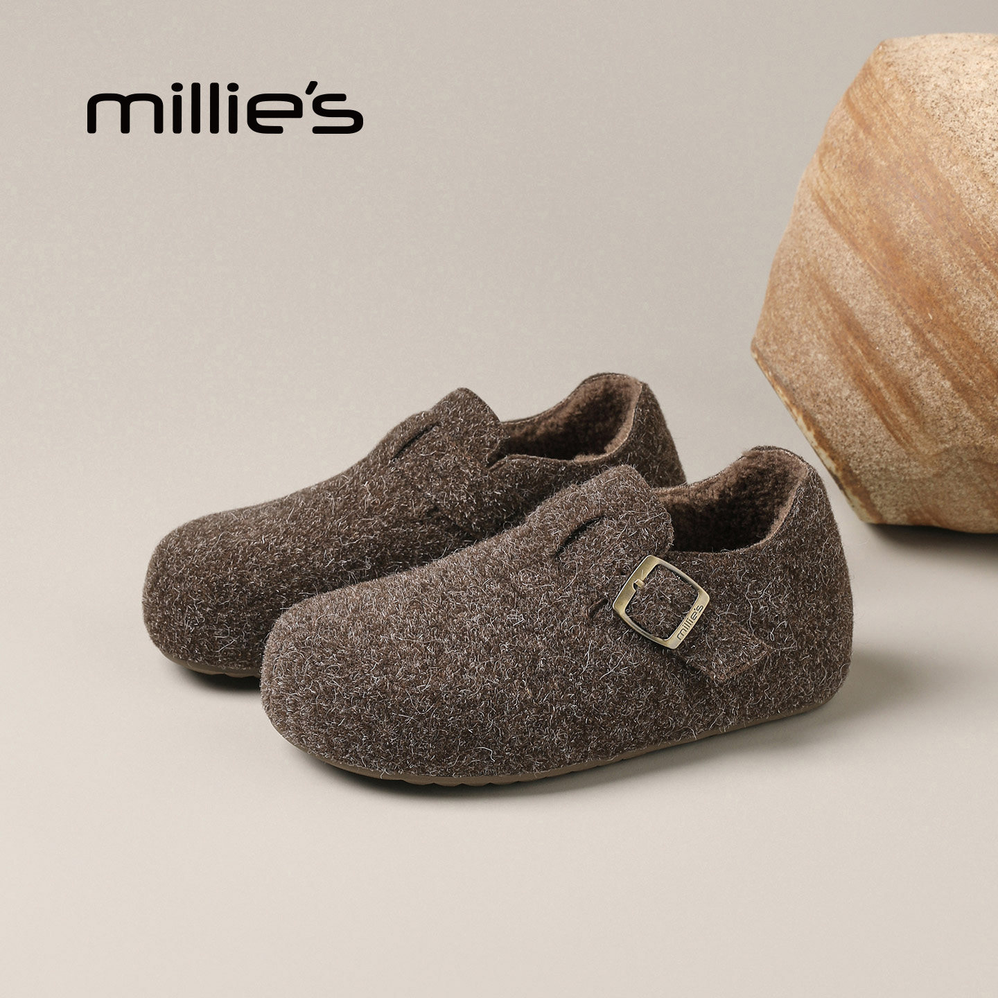 MILLIE'S/妙丽毛毛勃肯鞋女灰色懒人鞋魔术贴平底百搭不累脚Q,女鞋,勃肯鞋/软木鞋,淘宝优惠券,粉丝福利购,淘宝优惠卷