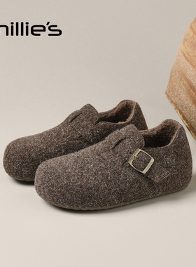 MILLIE'S/妙丽毛毛勃肯鞋女灰色懒人鞋魔术贴平底百搭不累脚Q