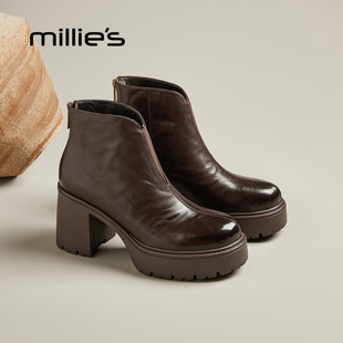 MILLIE'S/妙丽2026新款粗跟短靴女气质配裙子秋冬高跟鞋切尔西靴Q