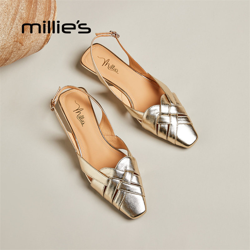 妙丽官方旗舰店羊皮软底包头凉鞋新款夏季不累脚女鞋舒适平底鞋