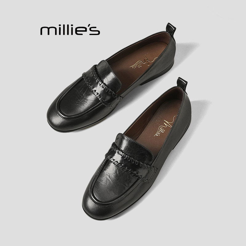 MILLIE'S/妙丽2026春季新款复古风真皮乐福鞋黑色一脚蹬通勤单鞋Q,女鞋,乐福鞋（豆豆鞋）,淘宝优惠券,粉丝福利购,淘宝优惠卷