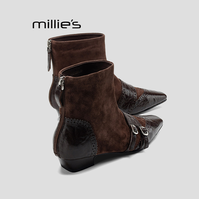 MILLIE'S/妙丽布洛克雕花小众方头短靴女拼接皮带扣后拉链瘦瘦靴Q