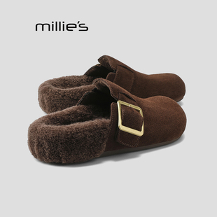 MILLIE'S/妙丽勃肯鞋女冬加绒穆勒鞋加绒加厚包头拖鞋内增高棉鞋Q