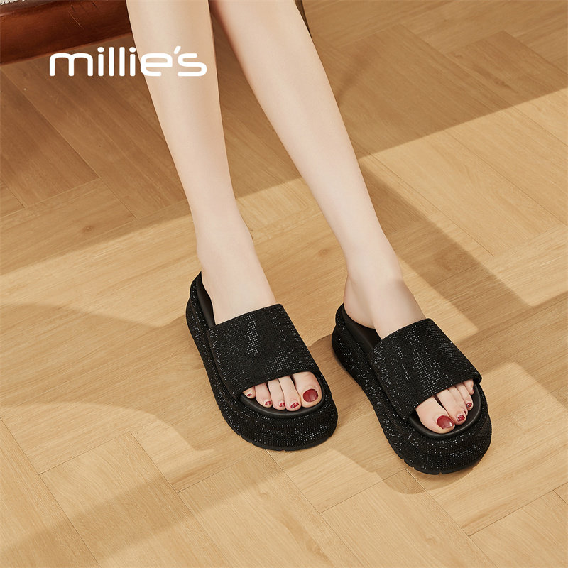 MILLIE'S/妙丽真皮厚底凉拖鞋女