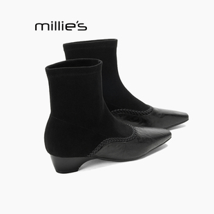 瘦瘦短靴软皮弹力女靴Z 妙丽英伦风复古马丁靴方头法式 MILLIE