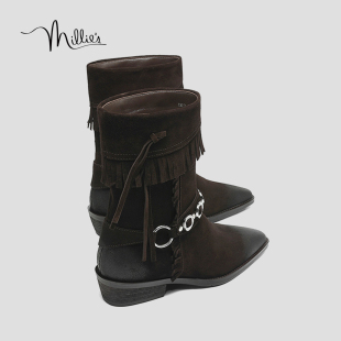 新款 妙丽秋冬季 西部牛仔靴中筒靴流苏铆钉粗跟骑士靴HQ MILLIE