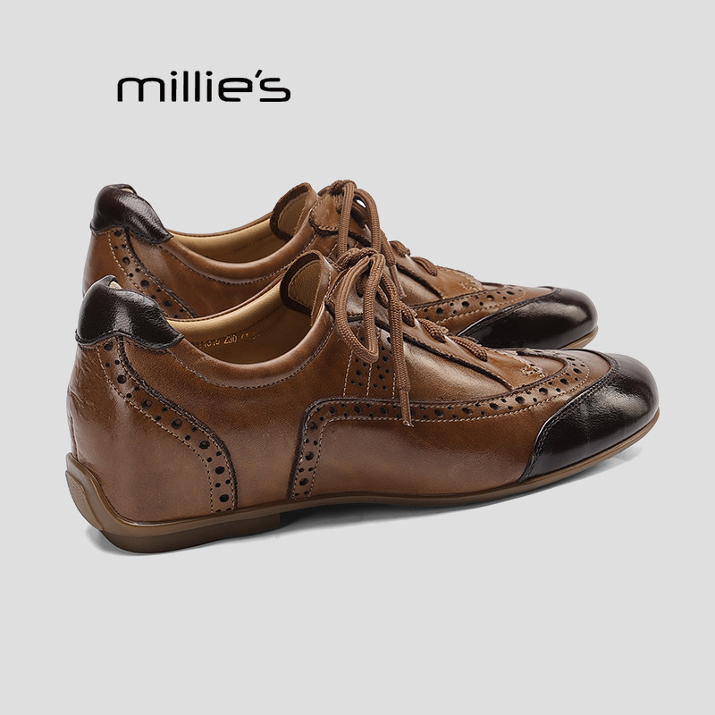 MILLIE'S/妙丽2026深口单鞋女鞋平底系带雕花皮鞋复古风秋季新款