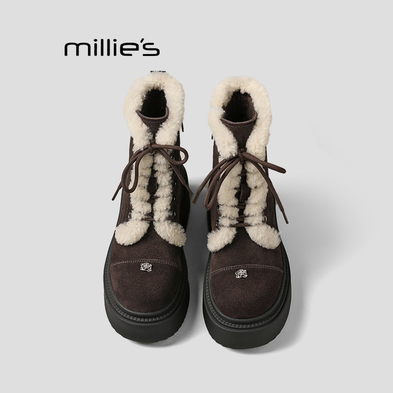 MILLIE'S/妙丽加绒马丁靴女2026冬季新款保暖系带厚底圆头户外靴Q