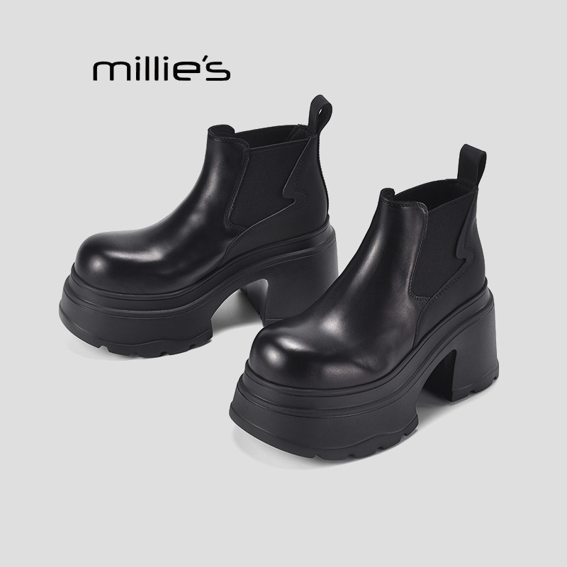 MILLIE'S/妙丽冬款加绒圆头松糕底切尔西靴防水台粗高跟马丁靴女Q